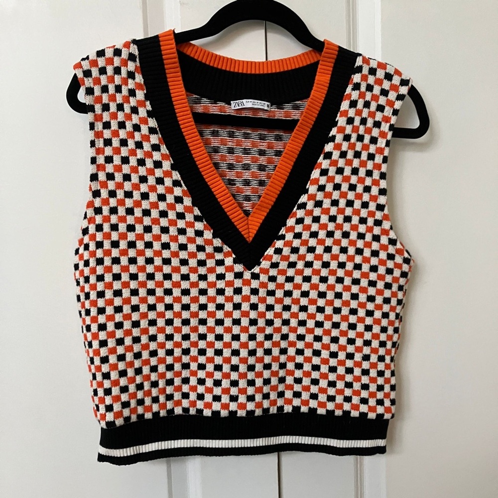 Zara Striped Knit V Neck Cotton Sweater Vest Black and Orange